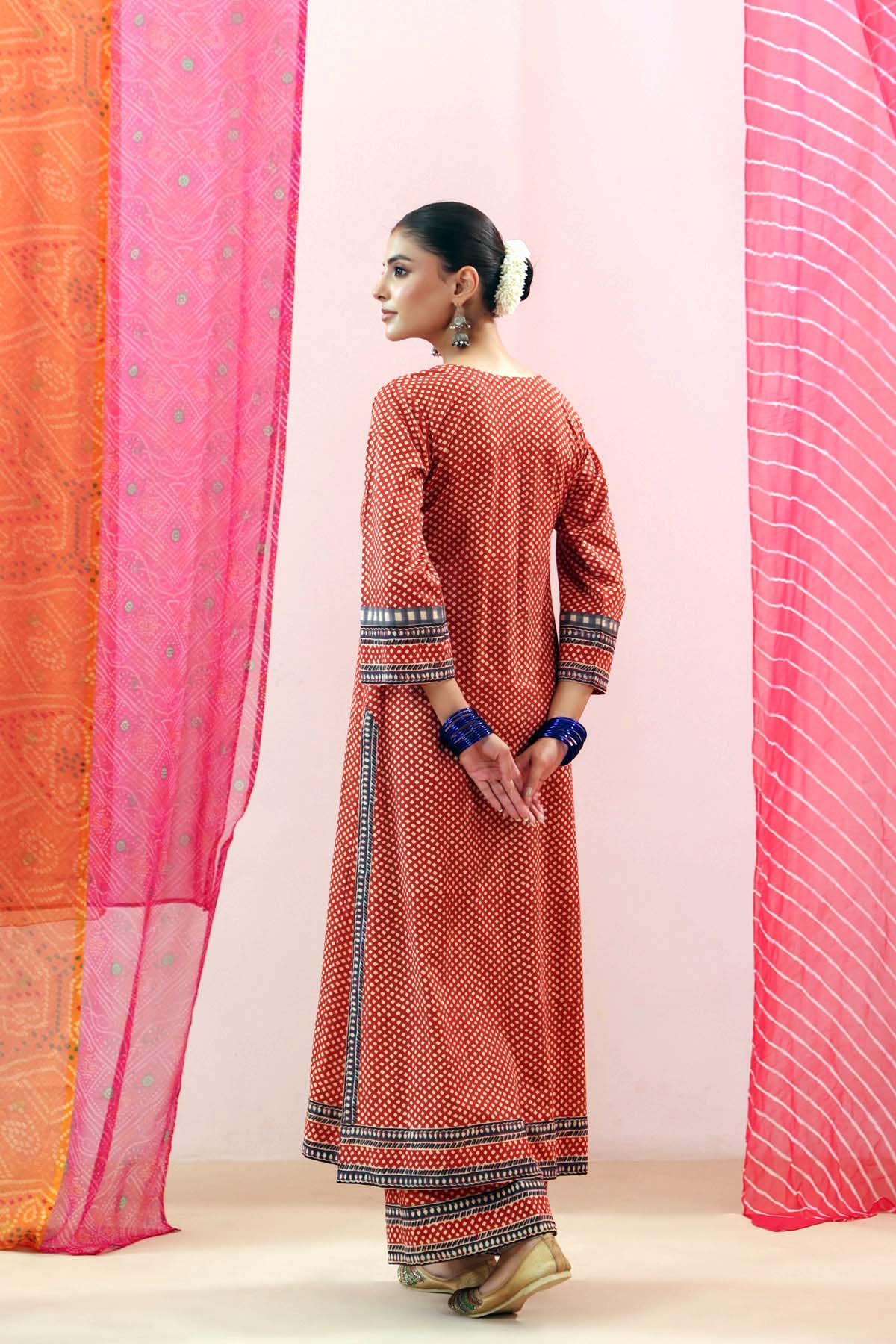 Rust Red Printed Cotton Straight Kurta