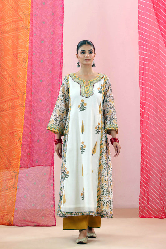 Off-White Handblock Print Chanderi Straight Kurta