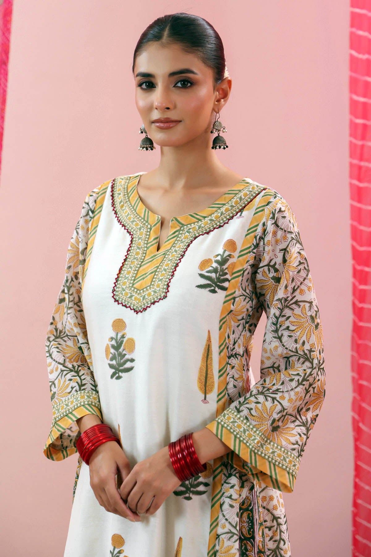 Off-White Handblock Print Chanderi Straight Kurta