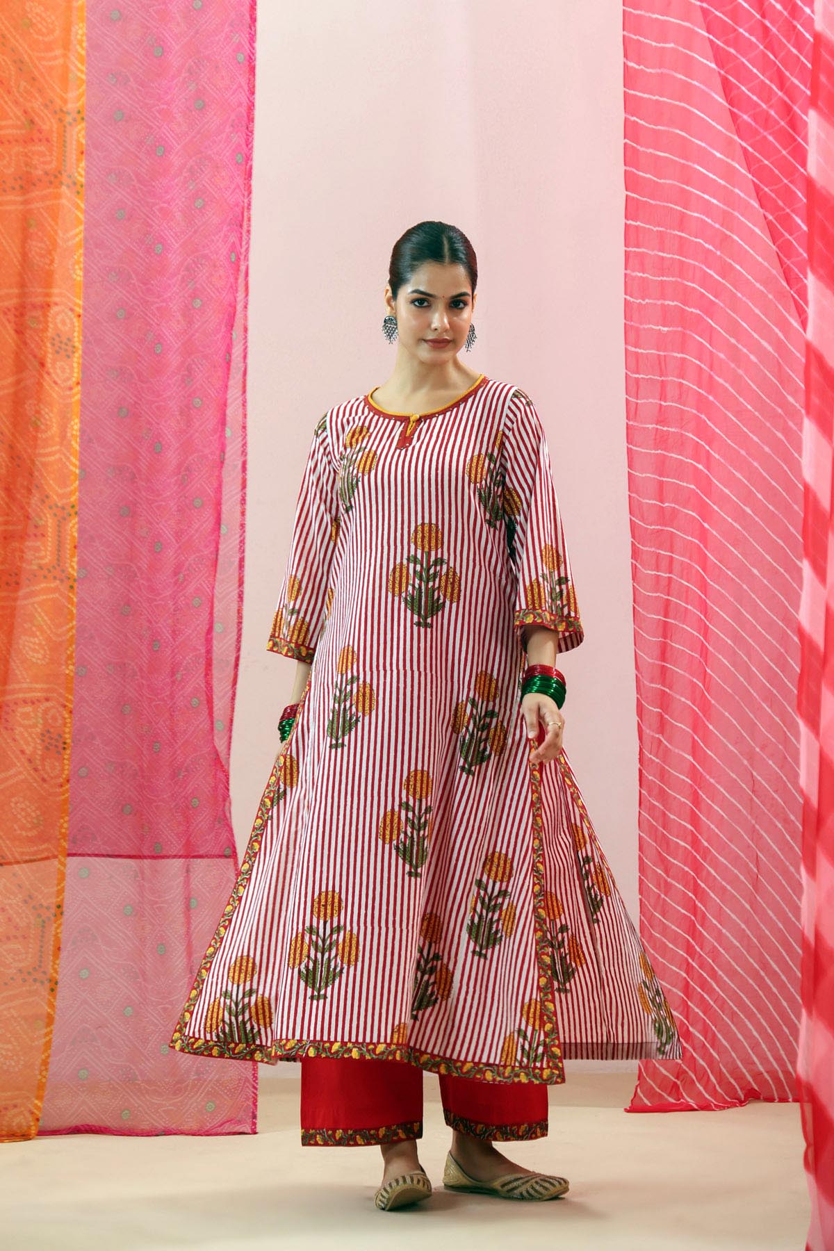 Red & White Handblock Striped Cotton A-line Kurta
