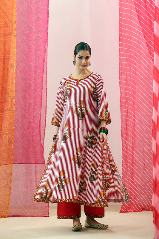 Red & White Handblock Striped Cotton A-line Kurta