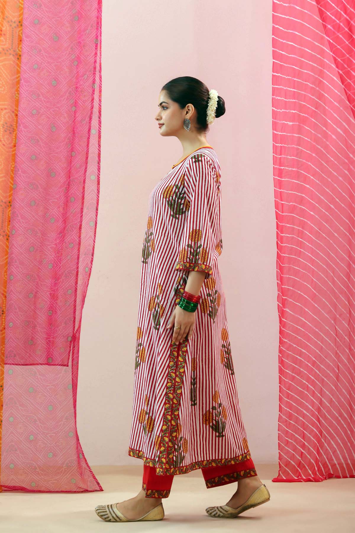 Red & White Handblock Striped Cotton A-line Kurta