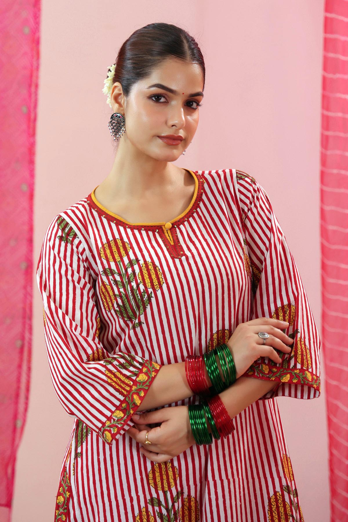 Red & White Handblock Striped Cotton A-line Kurta