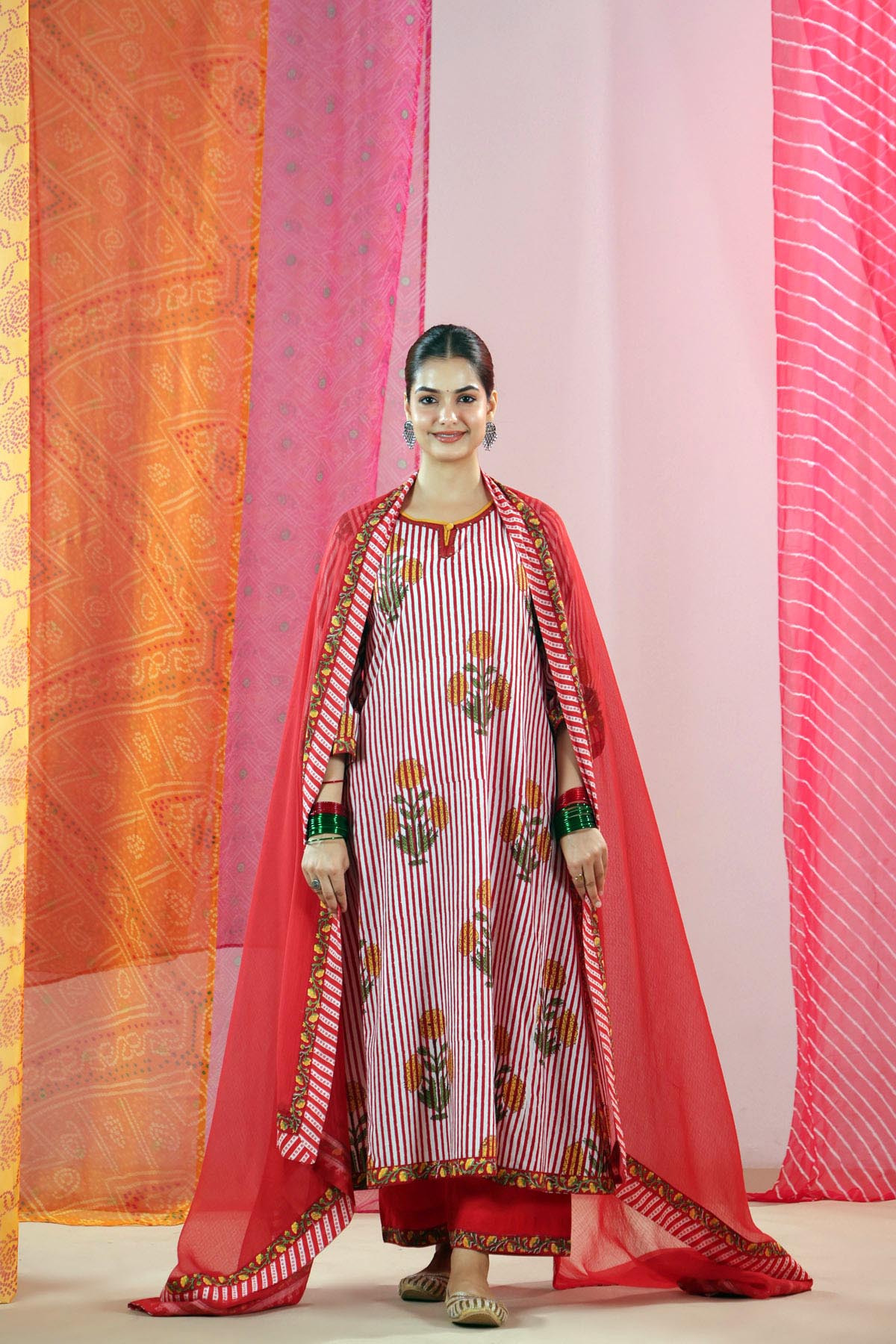 Red & White Handblock Striped Cotton A-line Kurta