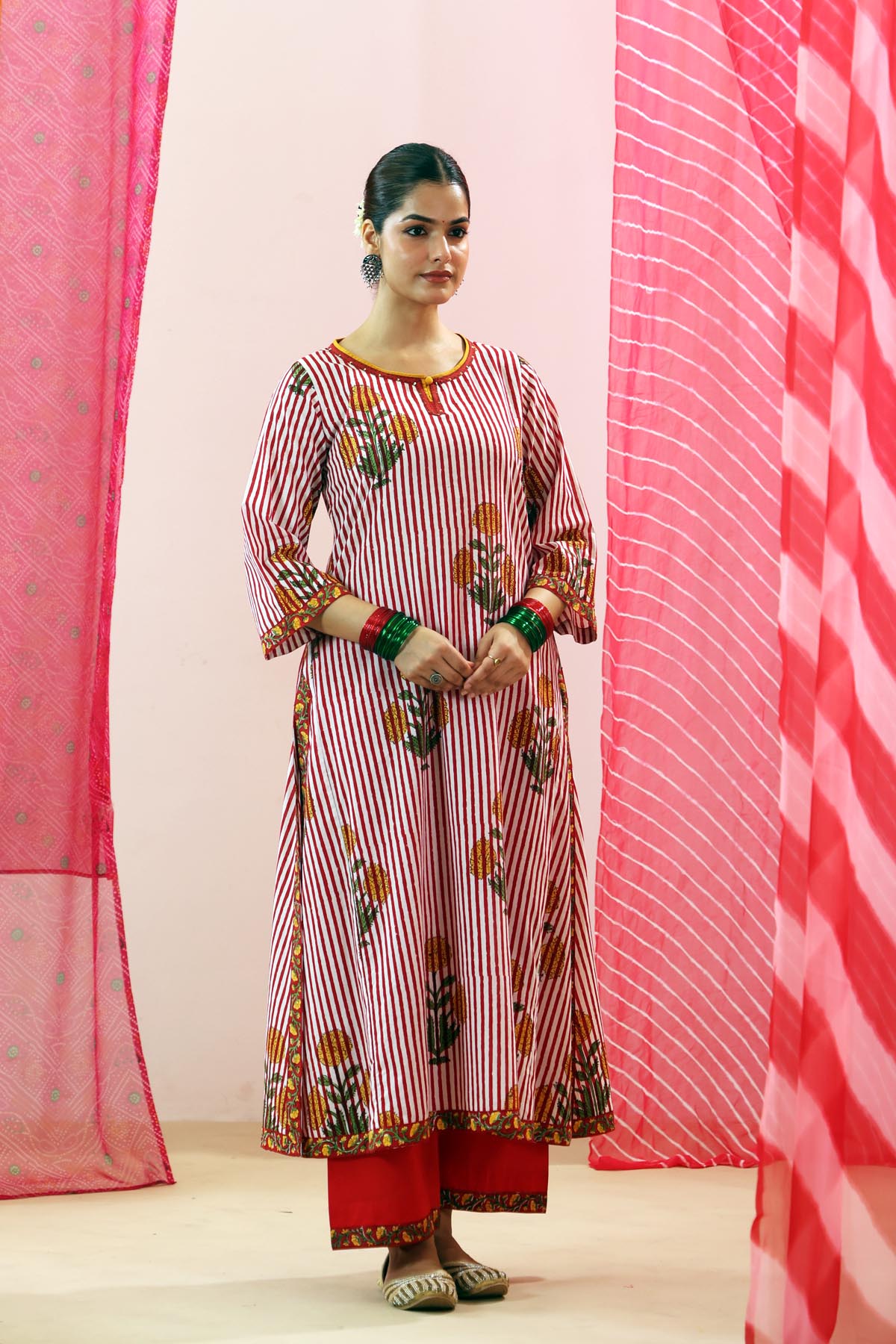 Red & White Handblock Striped Cotton A-line Kurta