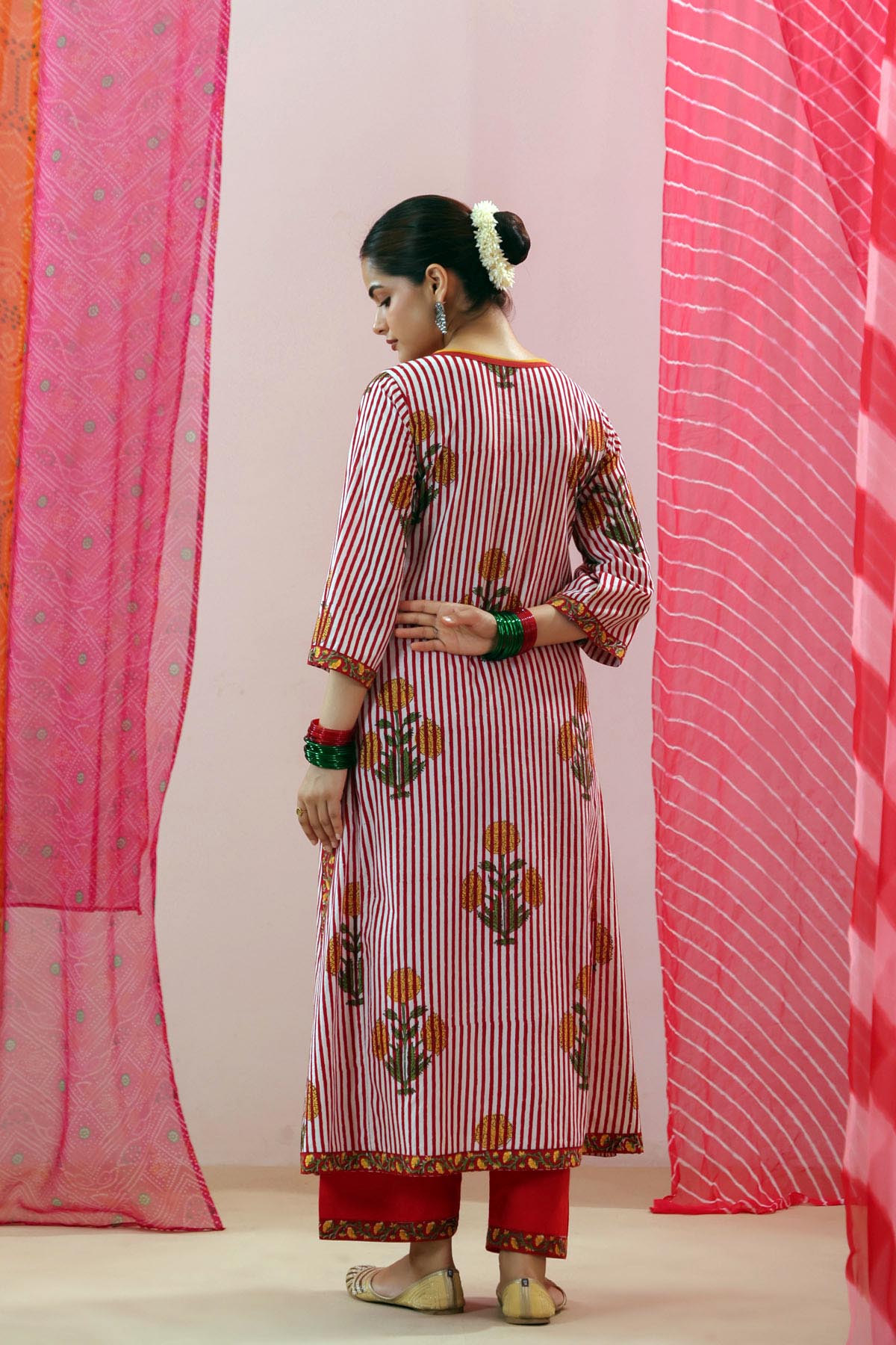 Red & White Handblock Striped Cotton A-line Kurta