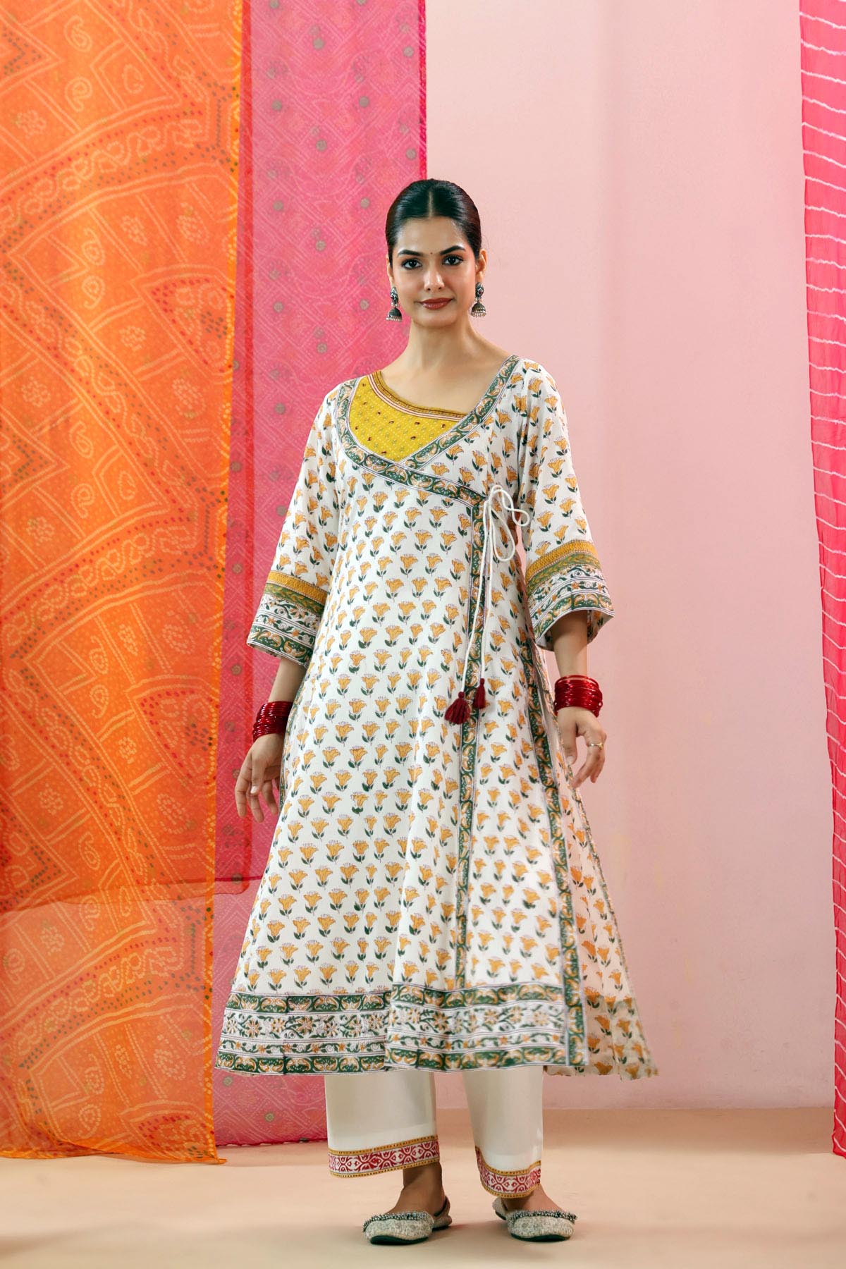 Off White Handblock Cotton Angrakha Kurta