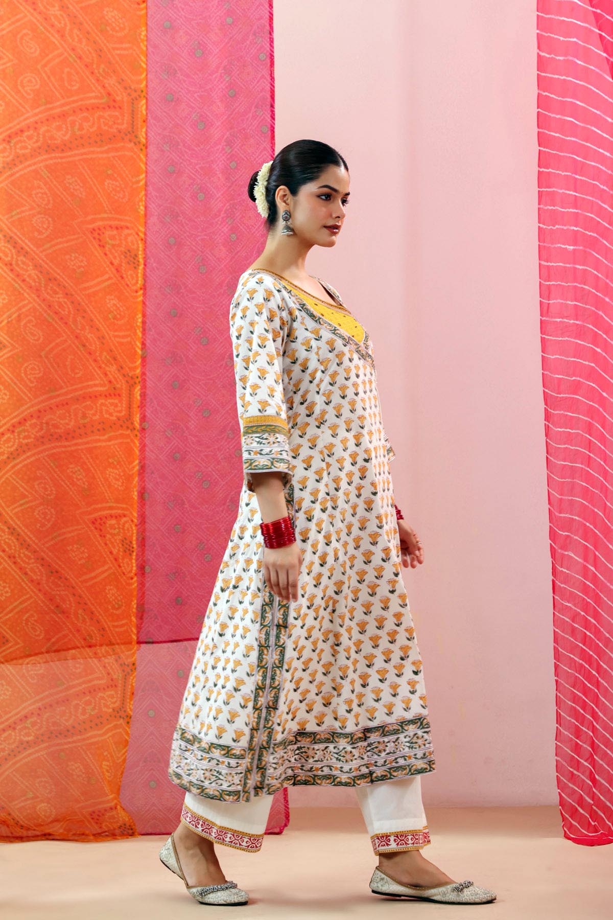 Off White Handblock Cotton Angrakha Kurta