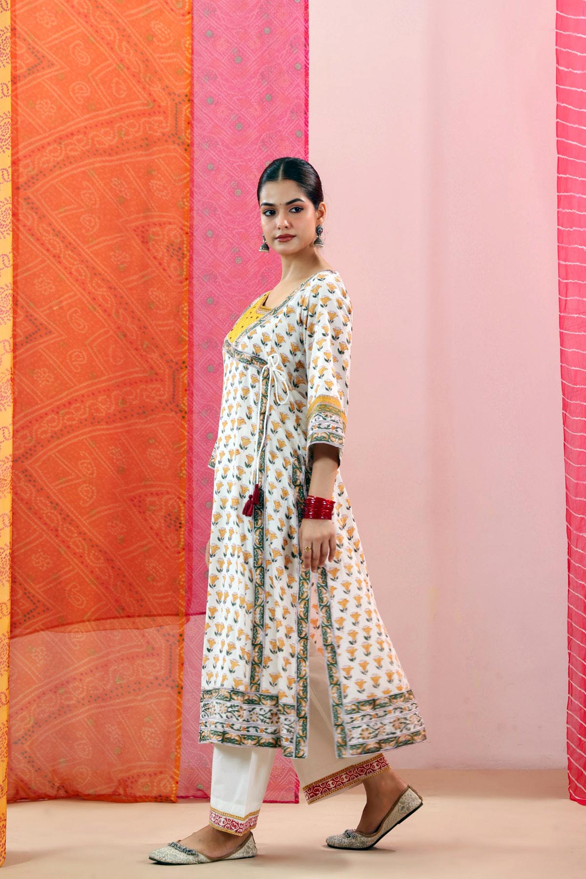 Off White Handblock Cotton Angrakha Kurta
