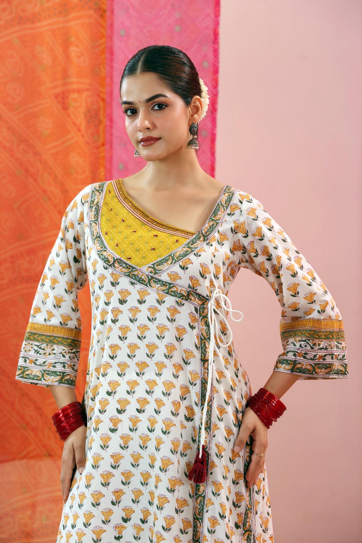 Off White Handblock Cotton Angrakha Kurta