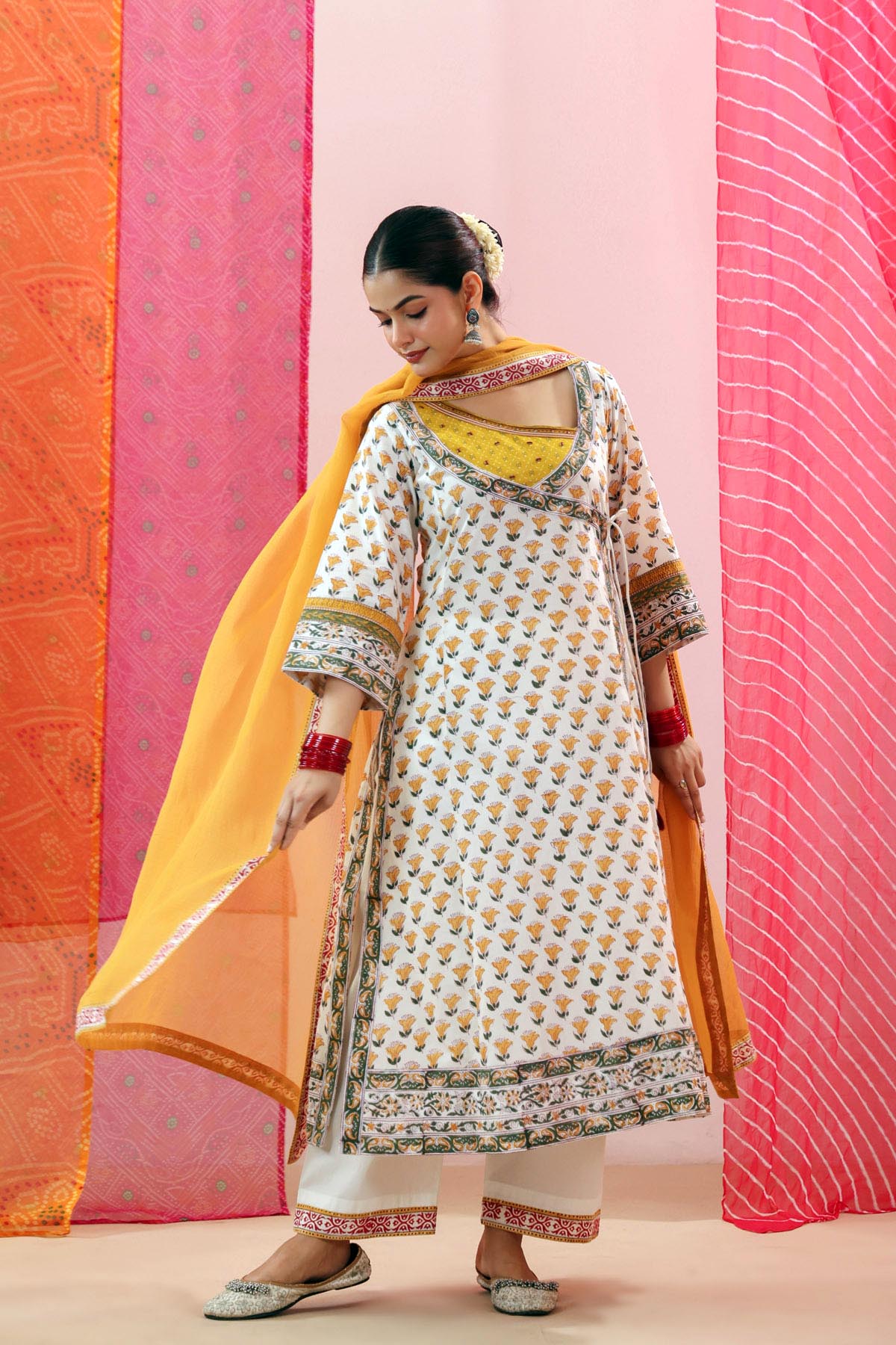 Off White Handblock Cotton Angrakha Kurta