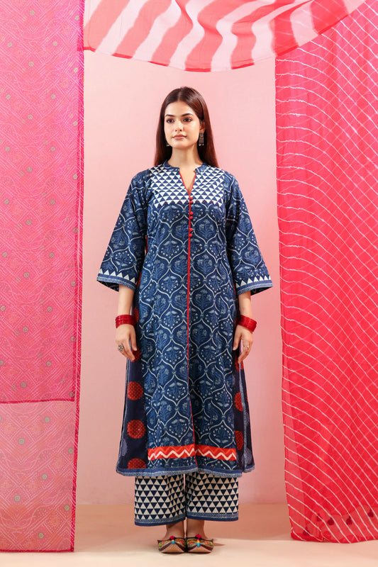 Navy Blue Printed Cotton A-Line Kurta