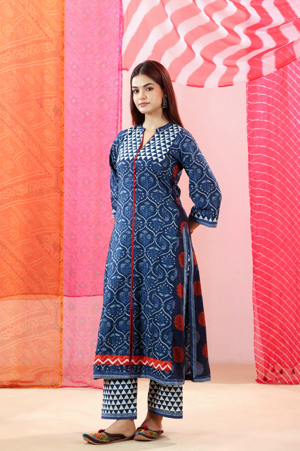 Navy Blue Printed Cotton A-Line Kurta
