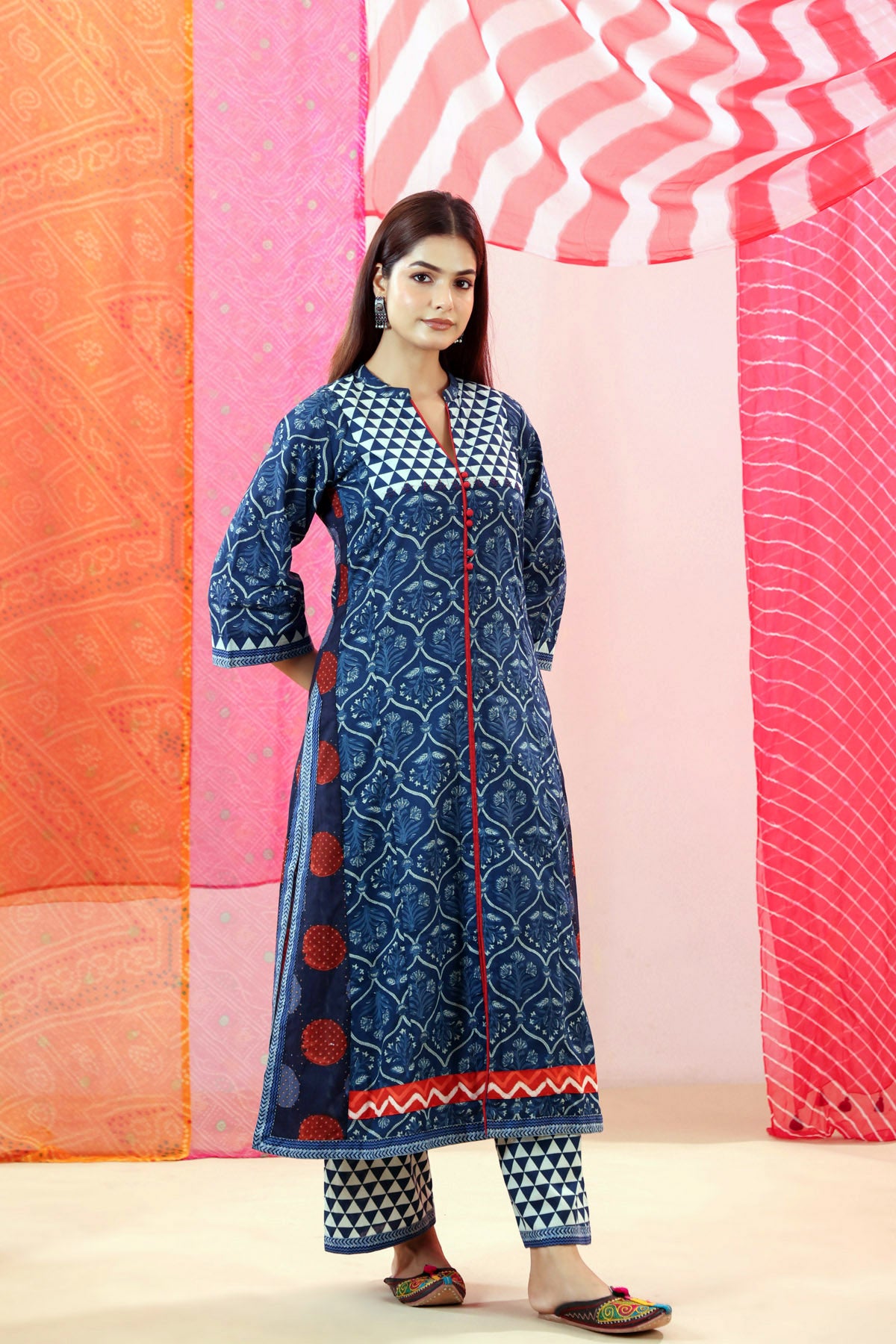 Navy Blue Printed Cotton A-Line Kurta