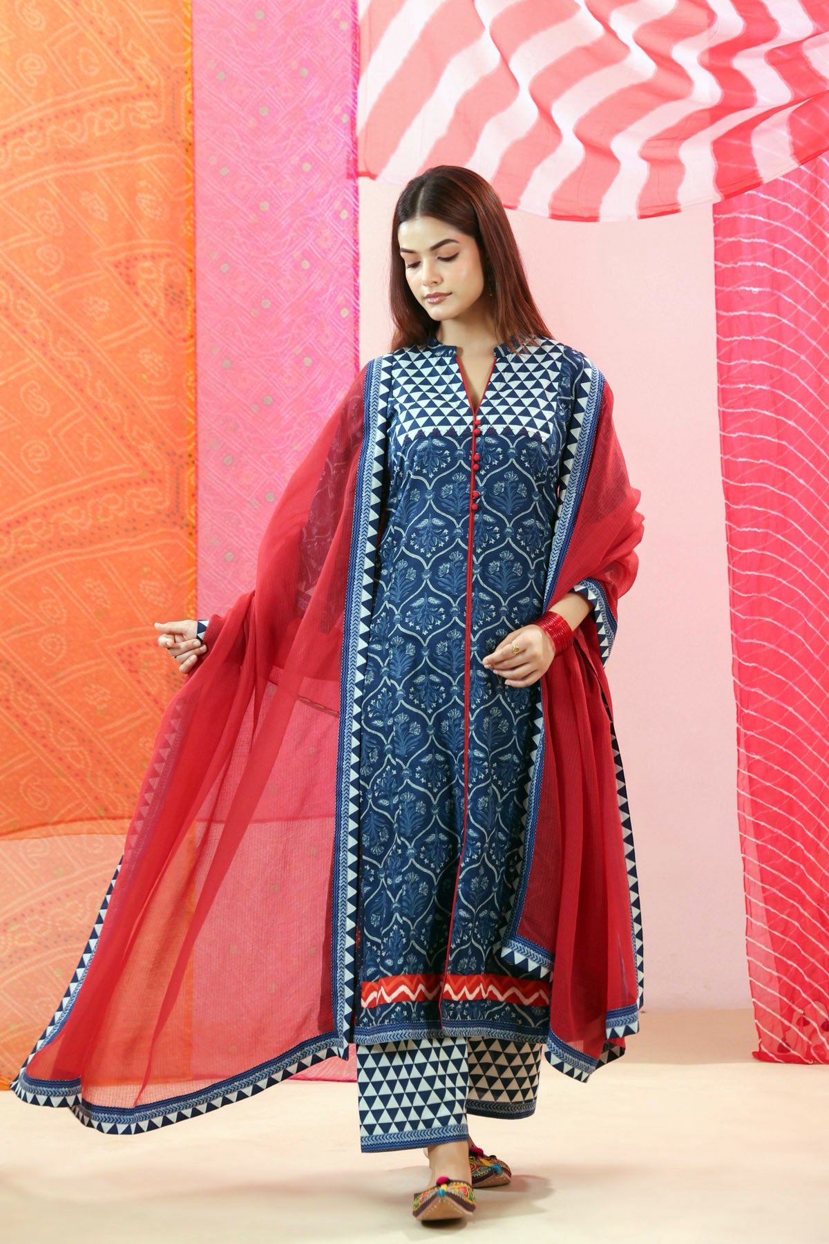 Navy Blue Printed Cotton A-Line Kurta