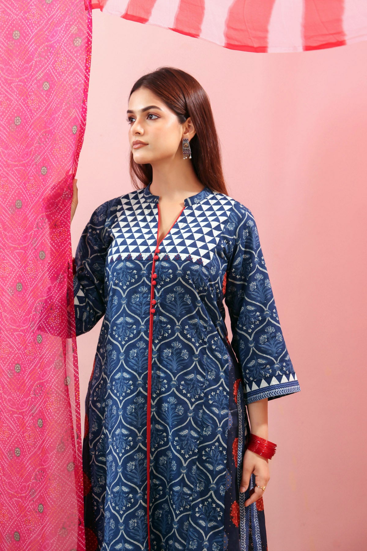 Navy Blue Printed Cotton A-Line Kurta