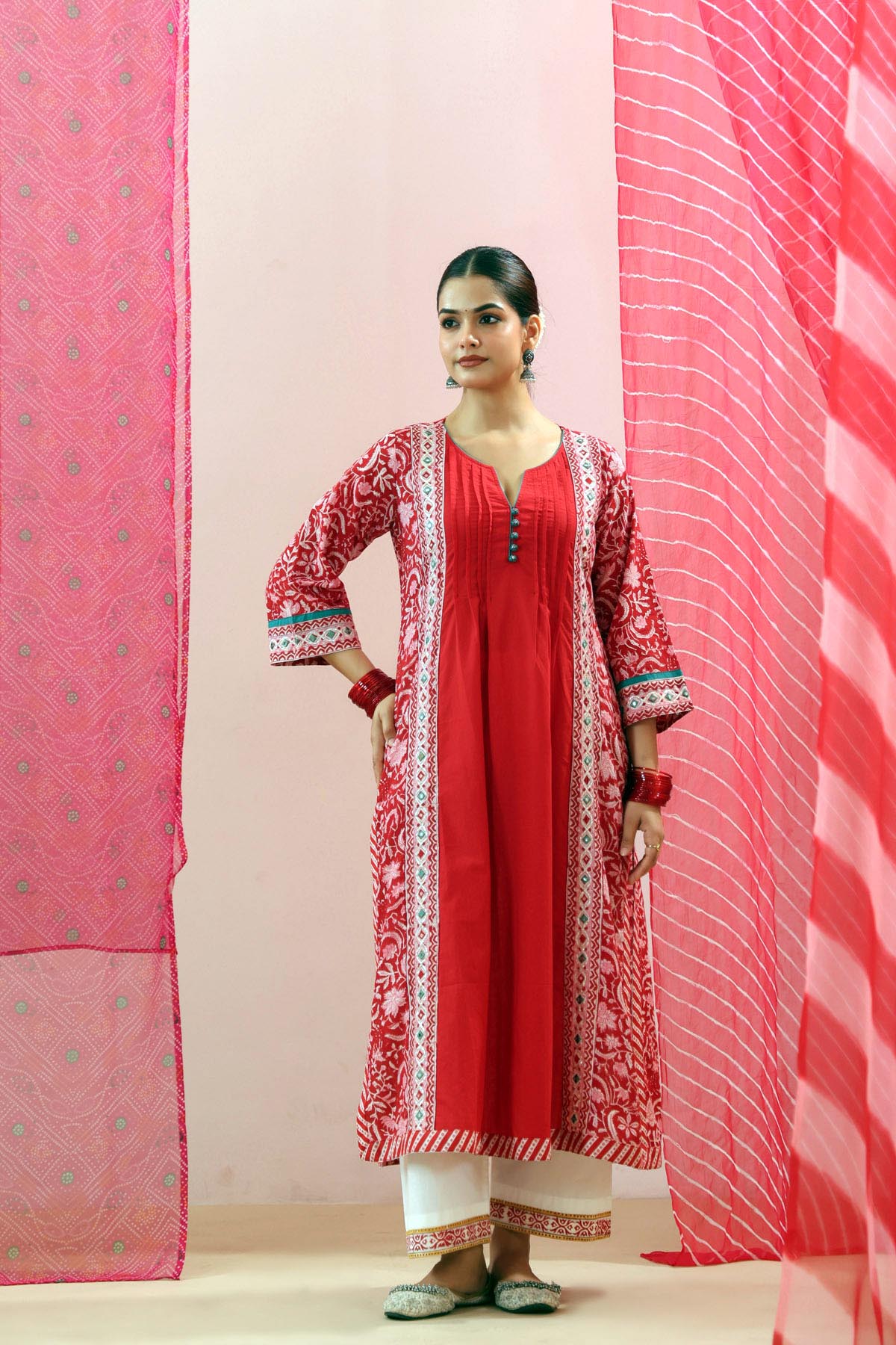 Red Cotton Handblock Printed Mirror Work A-Line Kurta