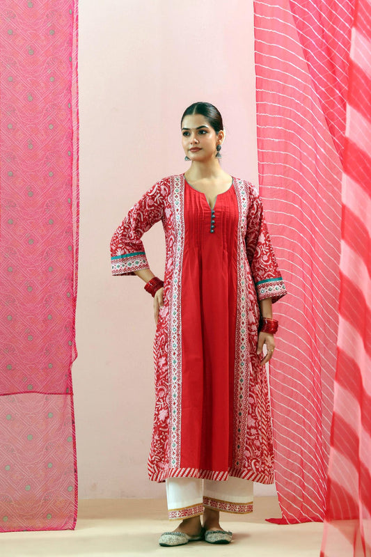 Red Cotton Handblock Printed Mirror Work A-Line Kurta