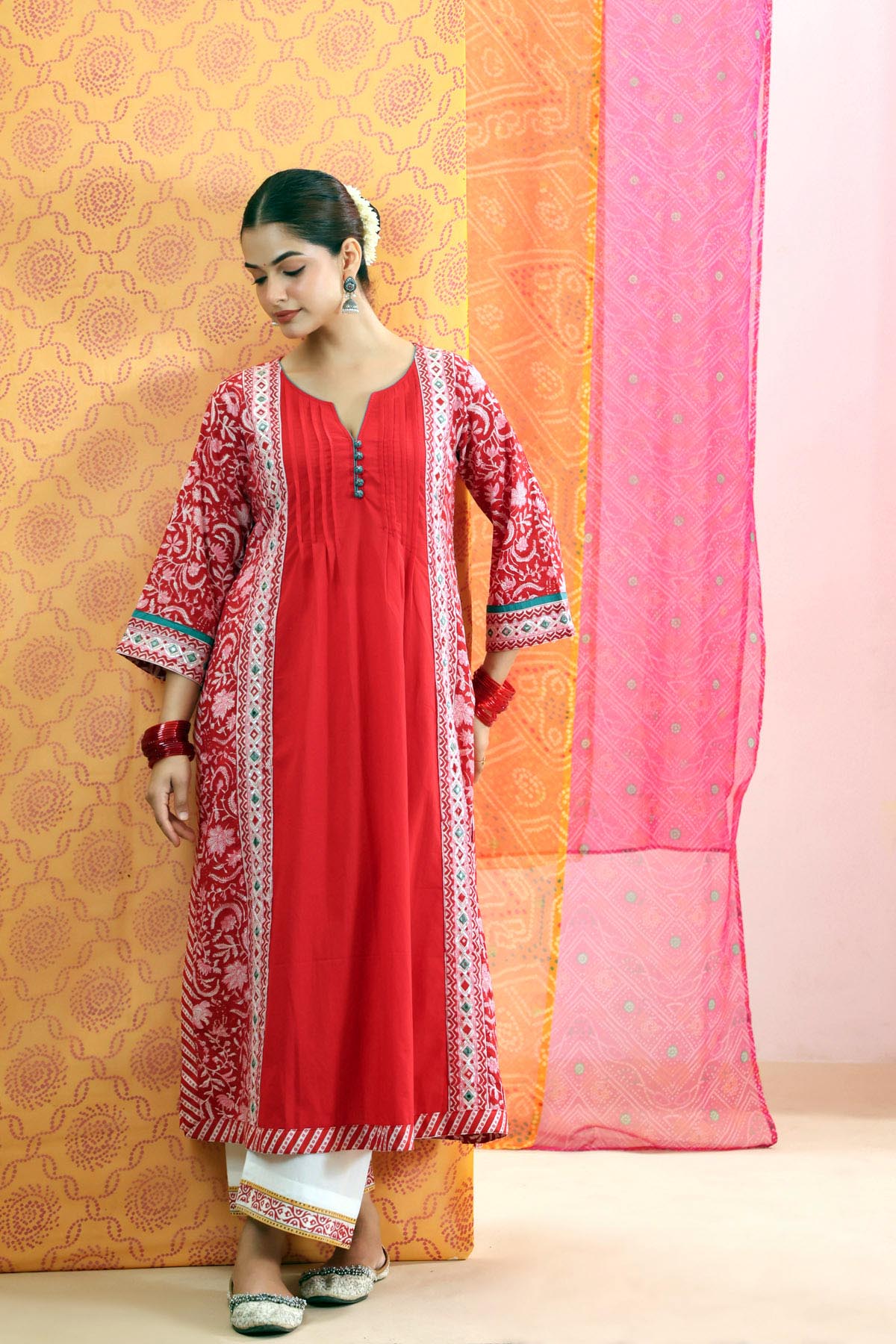 Red Cotton Handblock Printed Mirror Work A-Line Kurta