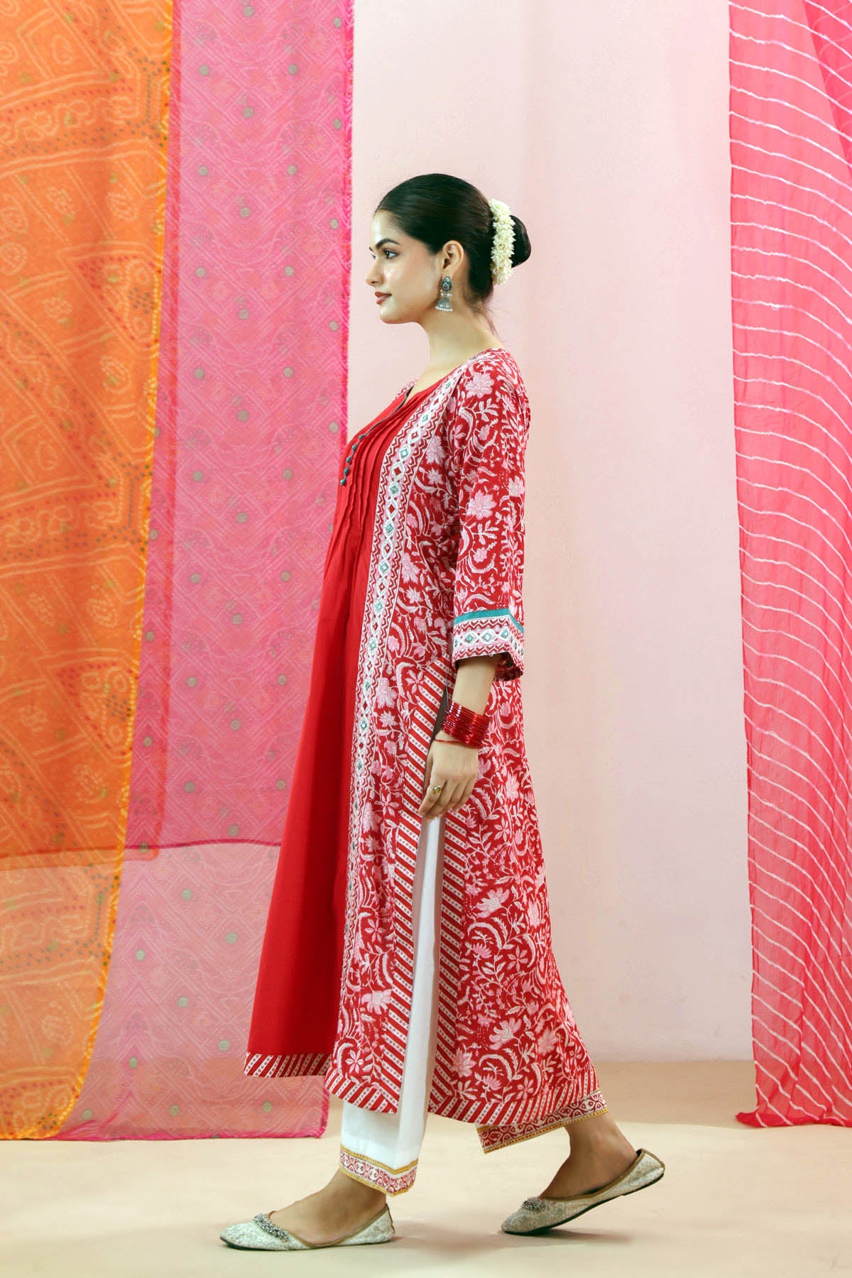 Red Cotton Handblock Printed Mirror Work A-Line Kurta