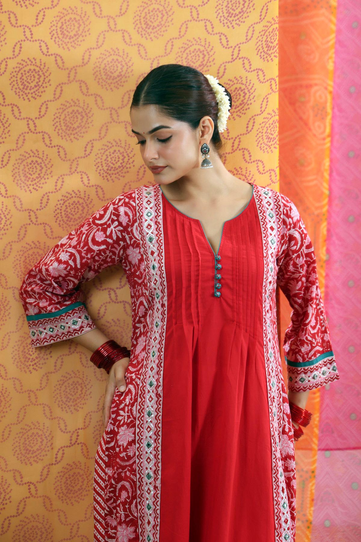 Red Cotton Handblock Printed Mirror Work A-Line Kurta