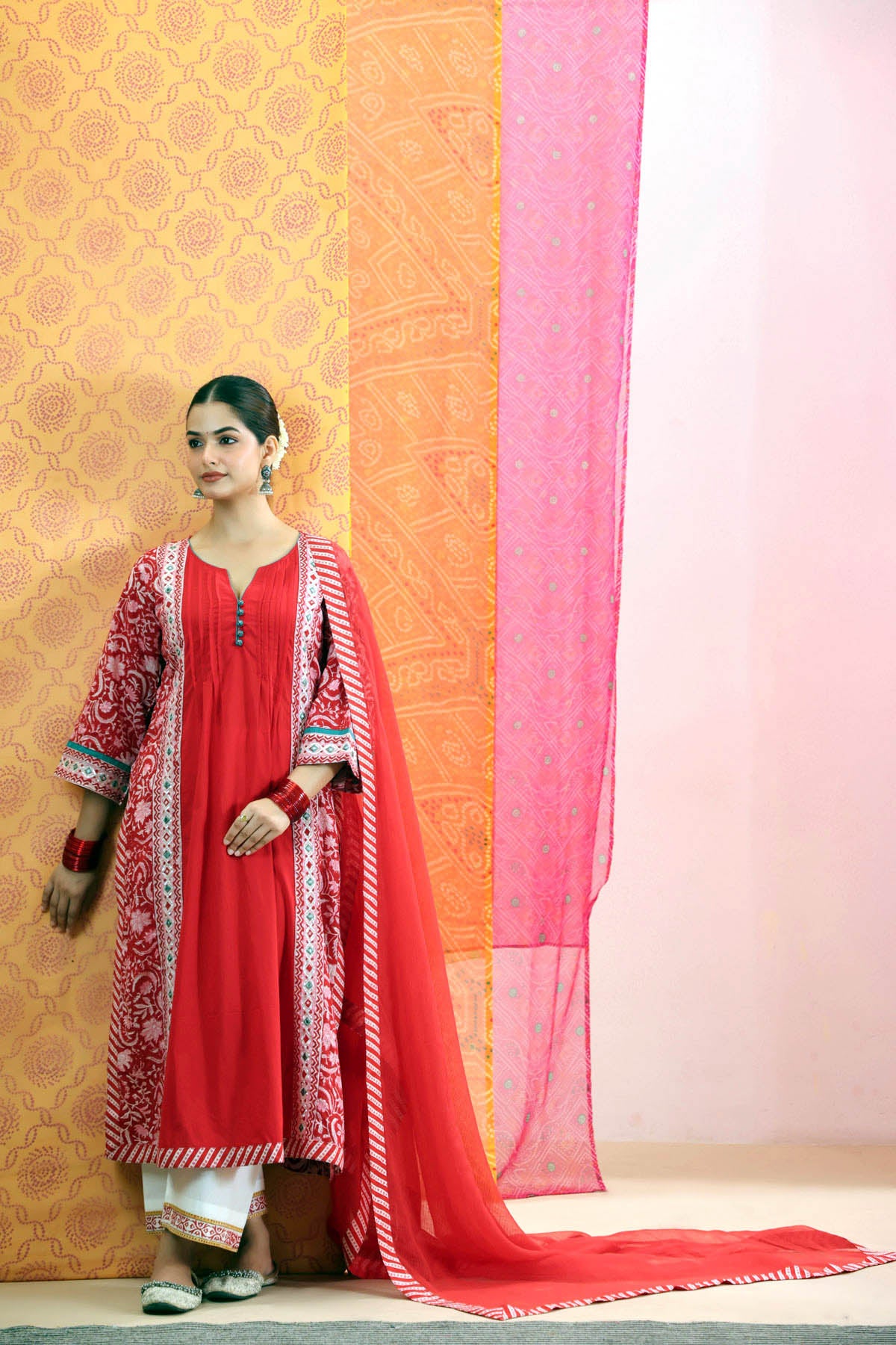 Red Cotton Handblock Printed Mirror Work A-Line Kurta