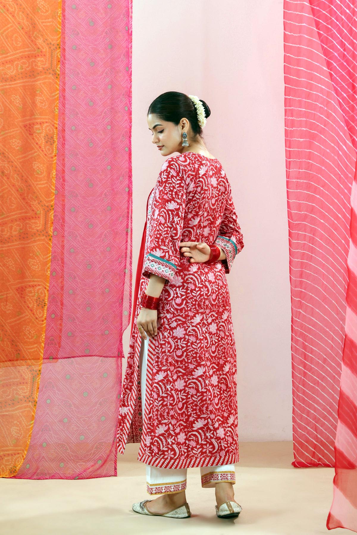 Red Cotton Handblock Printed Mirror Work A-Line Kurta