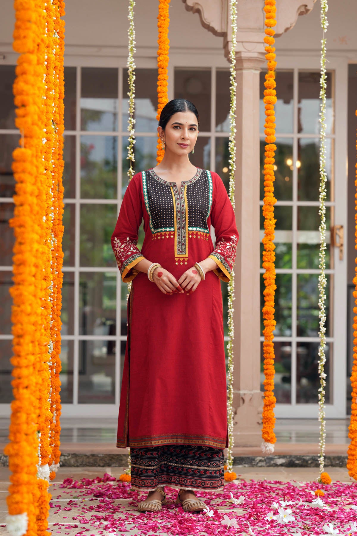 Maroon Handloom Cotton Straight Fit Kurta