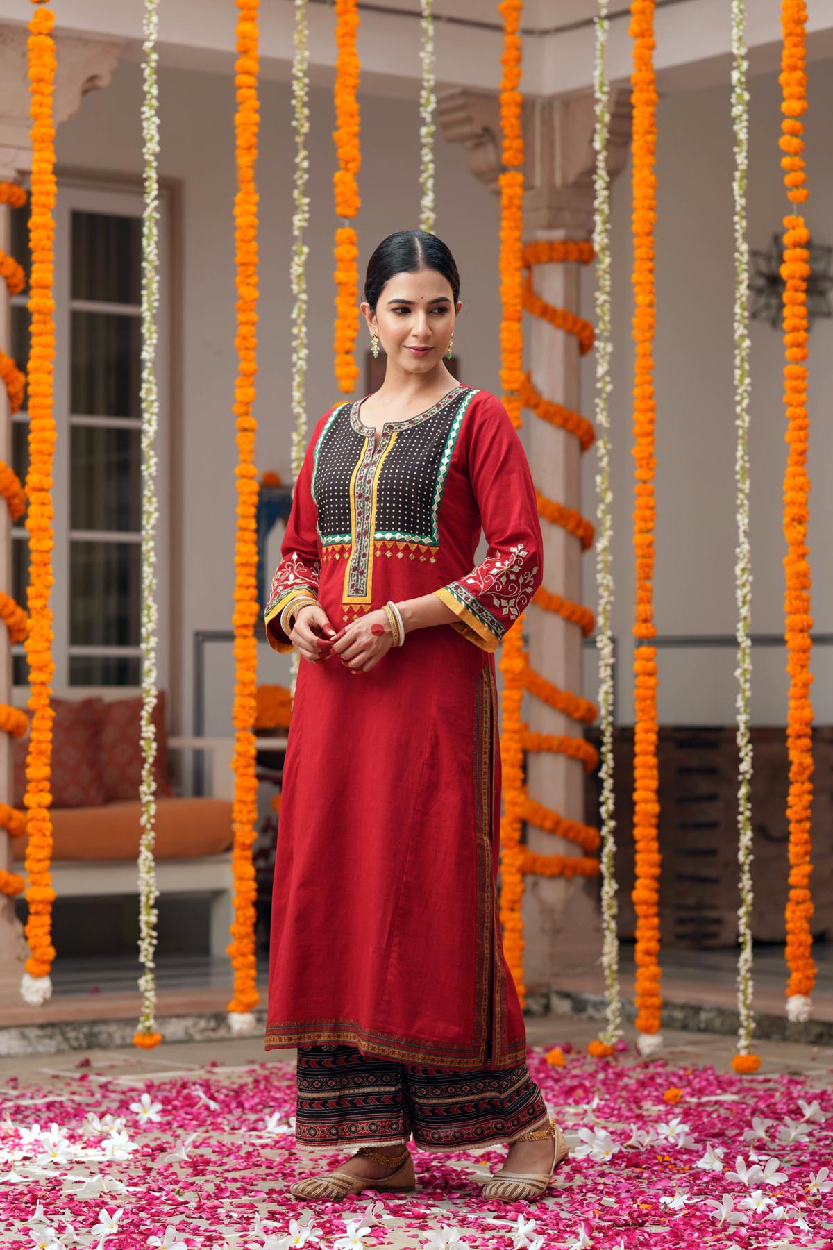 Maroon Handloom Cotton Straight Fit Kurta