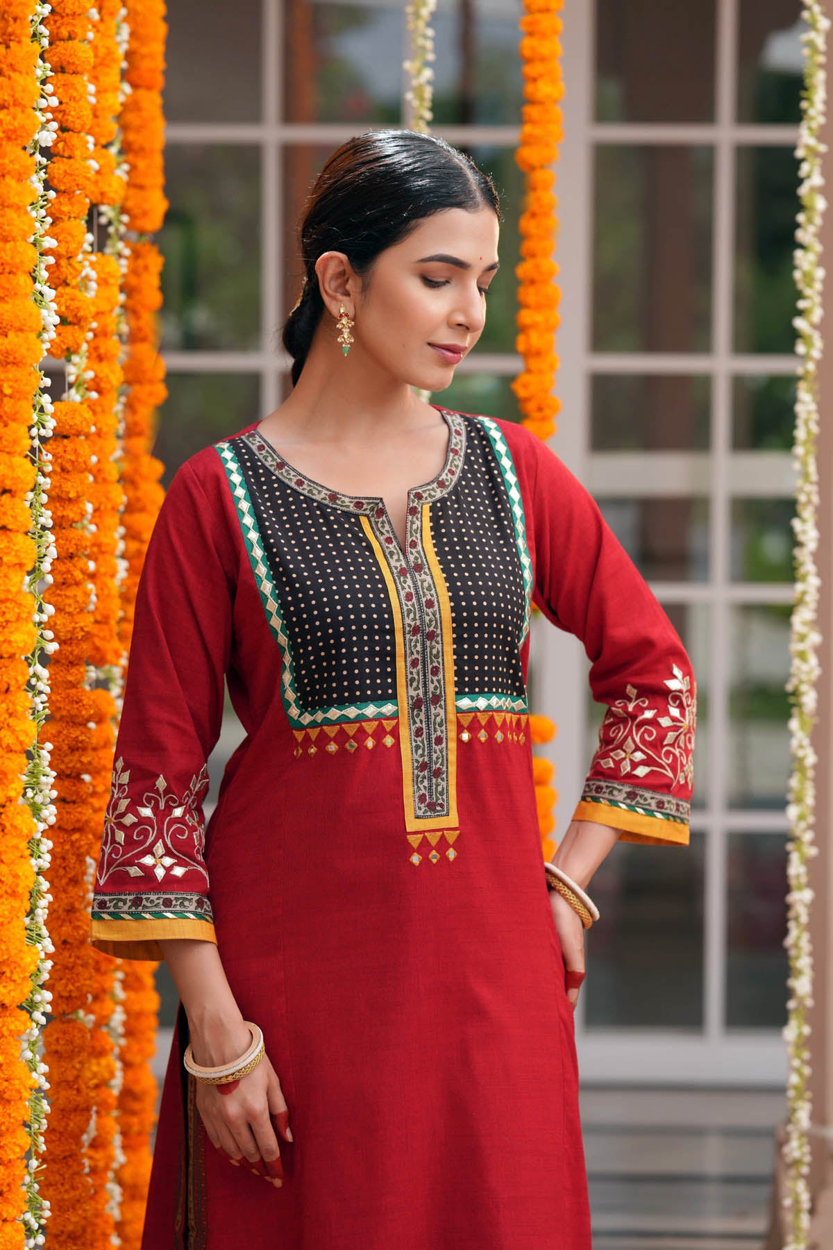 Maroon Handloom Cotton Straight Fit Kurta