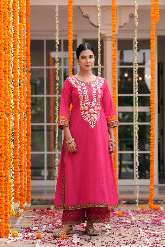 Pink Handloom Cotton A-Line Kurta