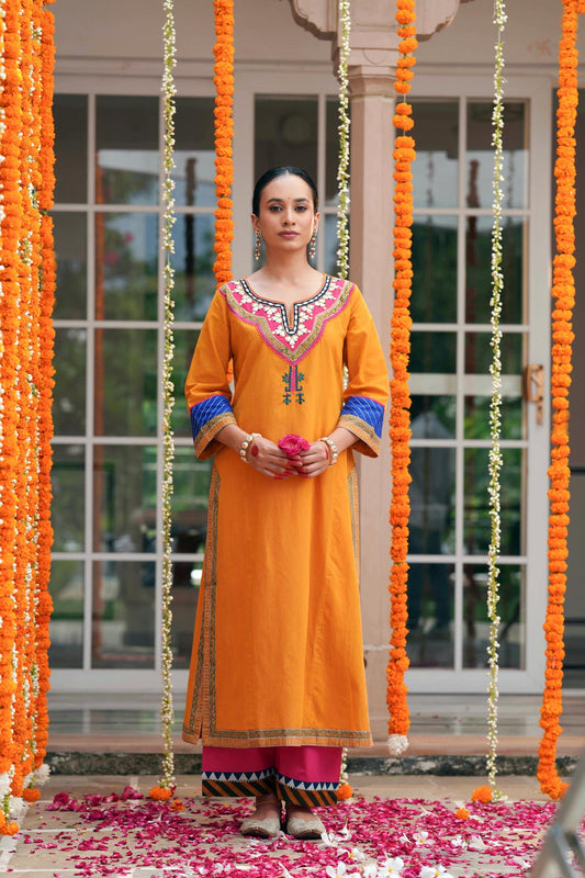 Mustard Handloom Cotton Straight Fit Kurta
