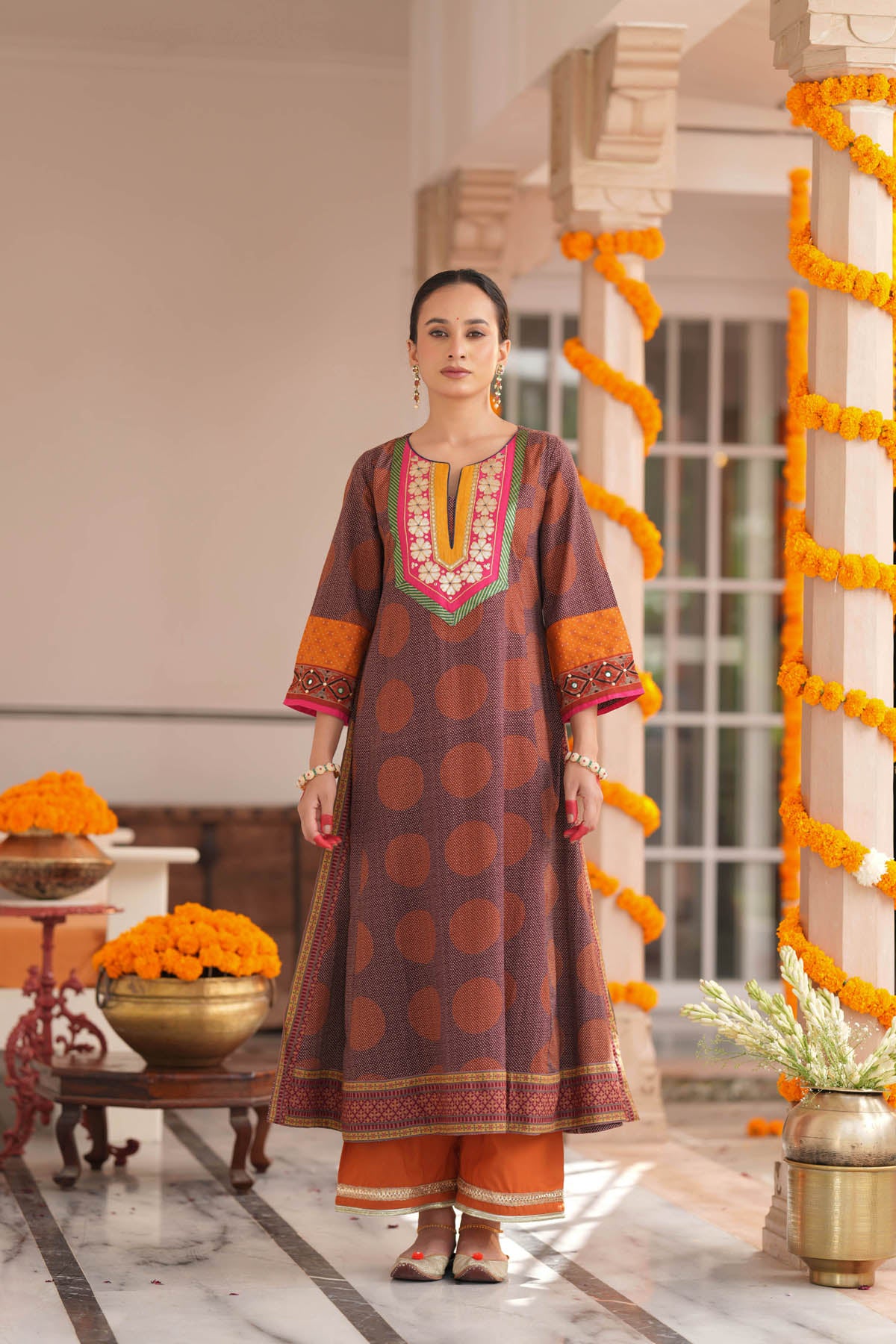 Plum Cotton Printed A-Line Kurta