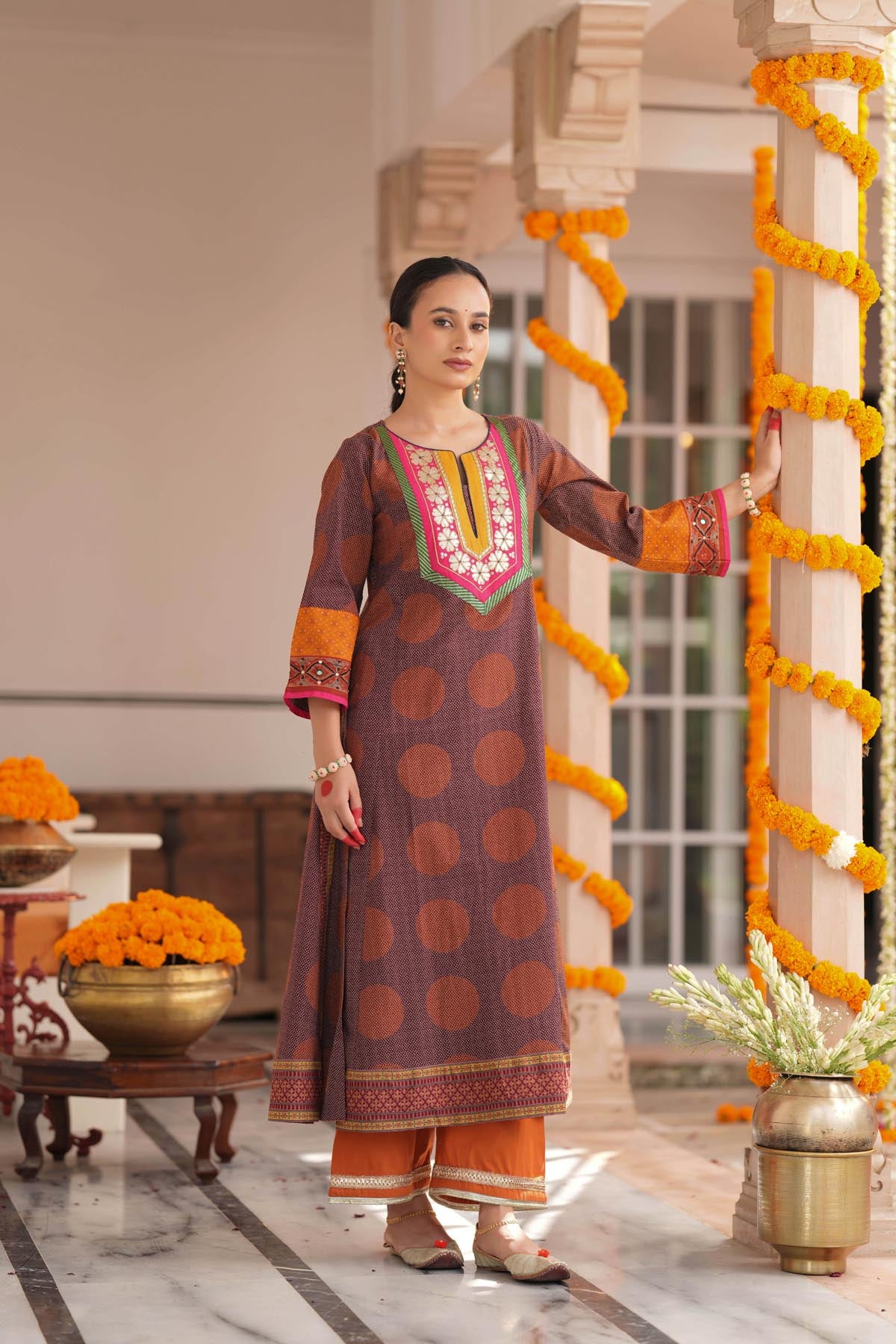 Plum Cotton Printed A-Line Kurta