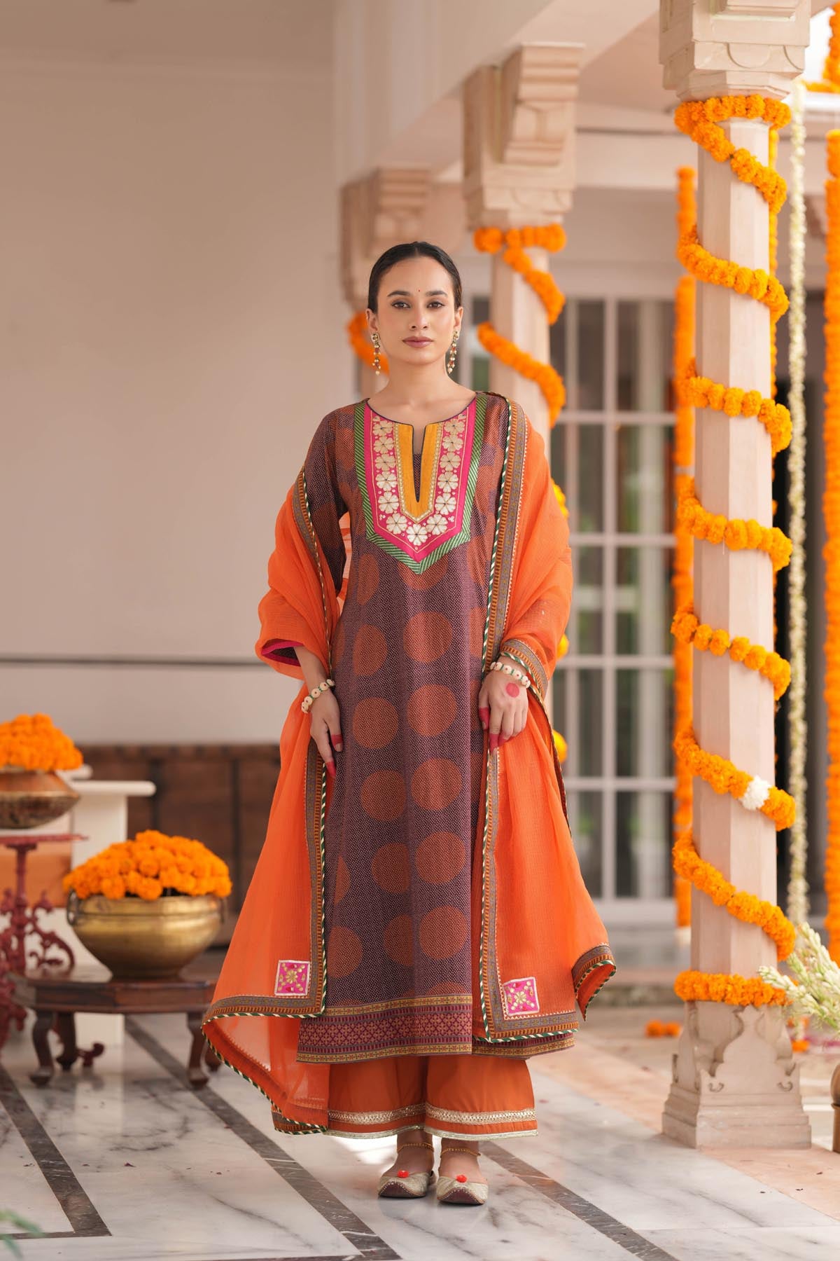 Plum Cotton Printed A-Line Kurta