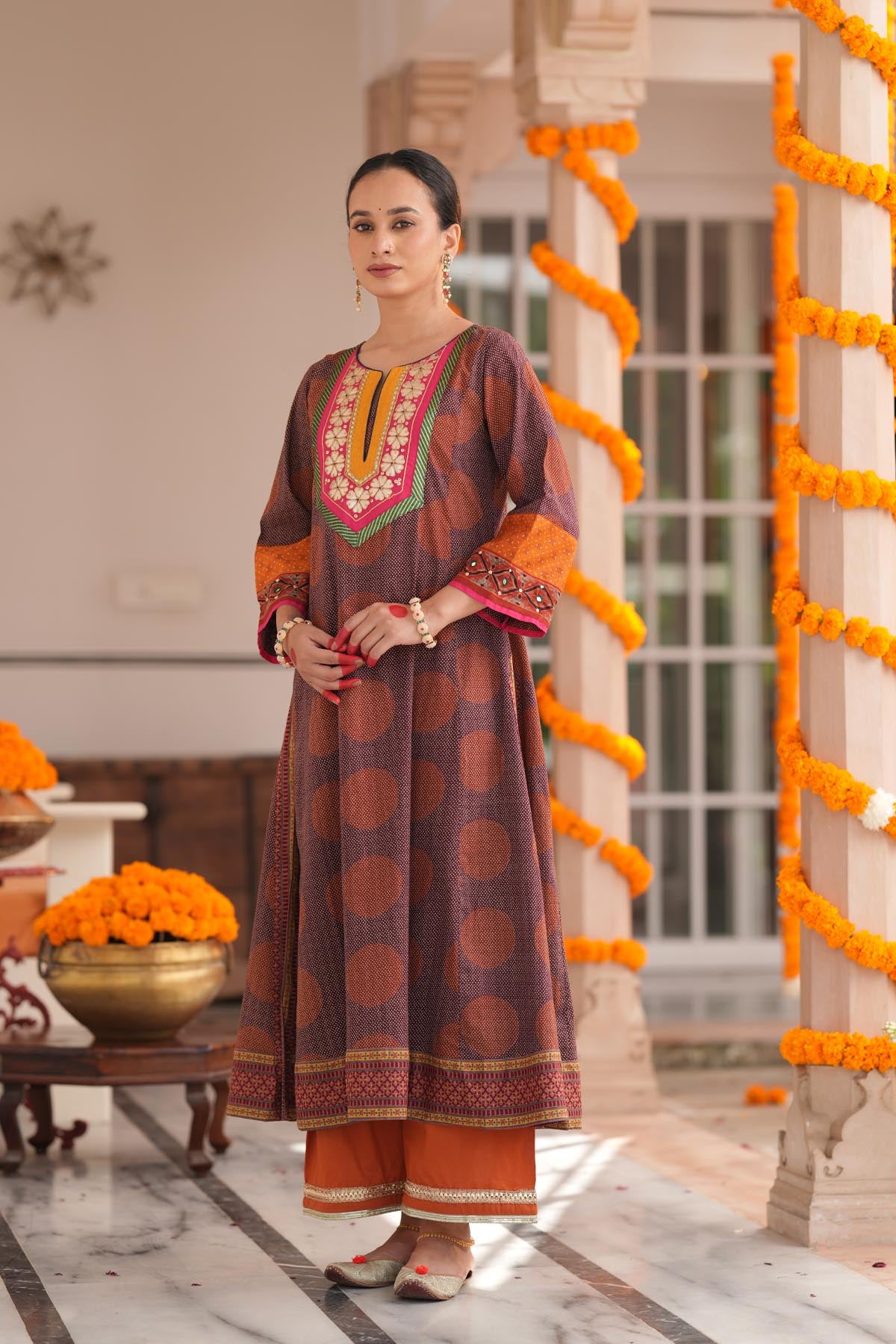 Plum Cotton Printed A-Line Kurta
