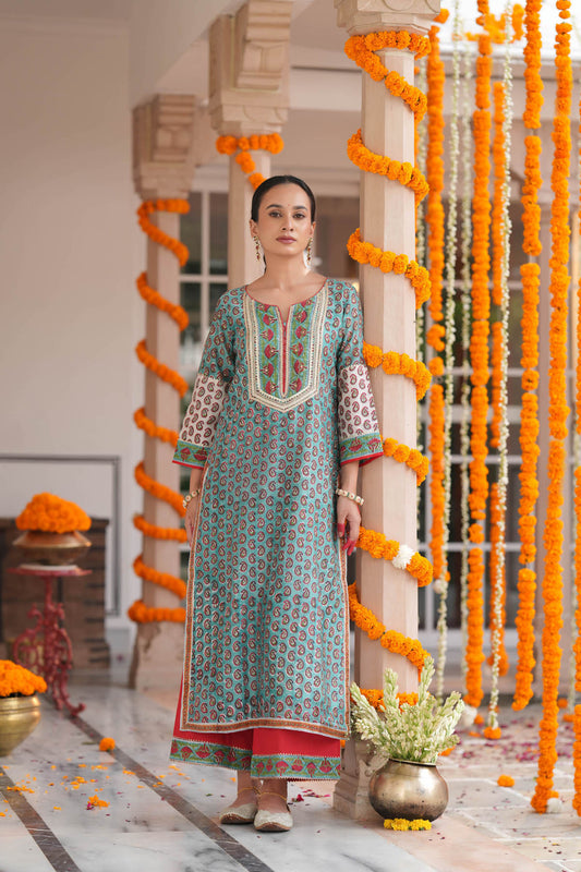 Turquoise HandBlock Printed Chanderi Straight Fit Kurta