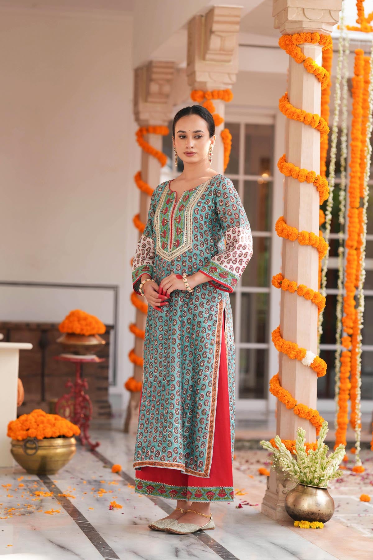 Turquoise HandBlock Printed Chanderi Straight Fit Kurta