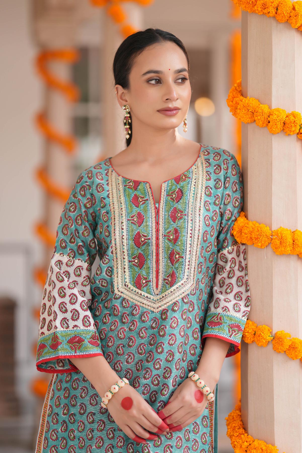 Turquoise HandBlock Printed Chanderi Straight Fit Kurta