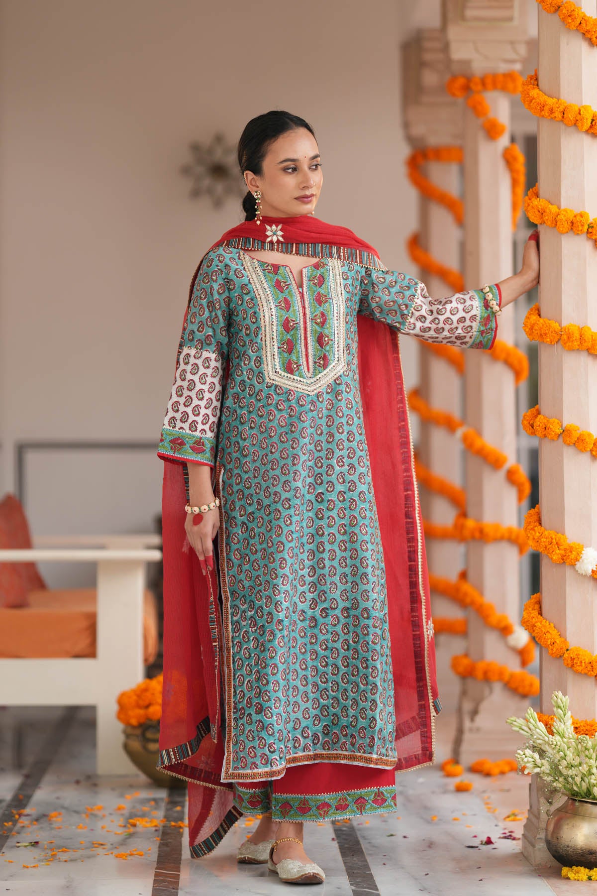 Turquoise HandBlock Printed Chanderi Straight Fit Kurta