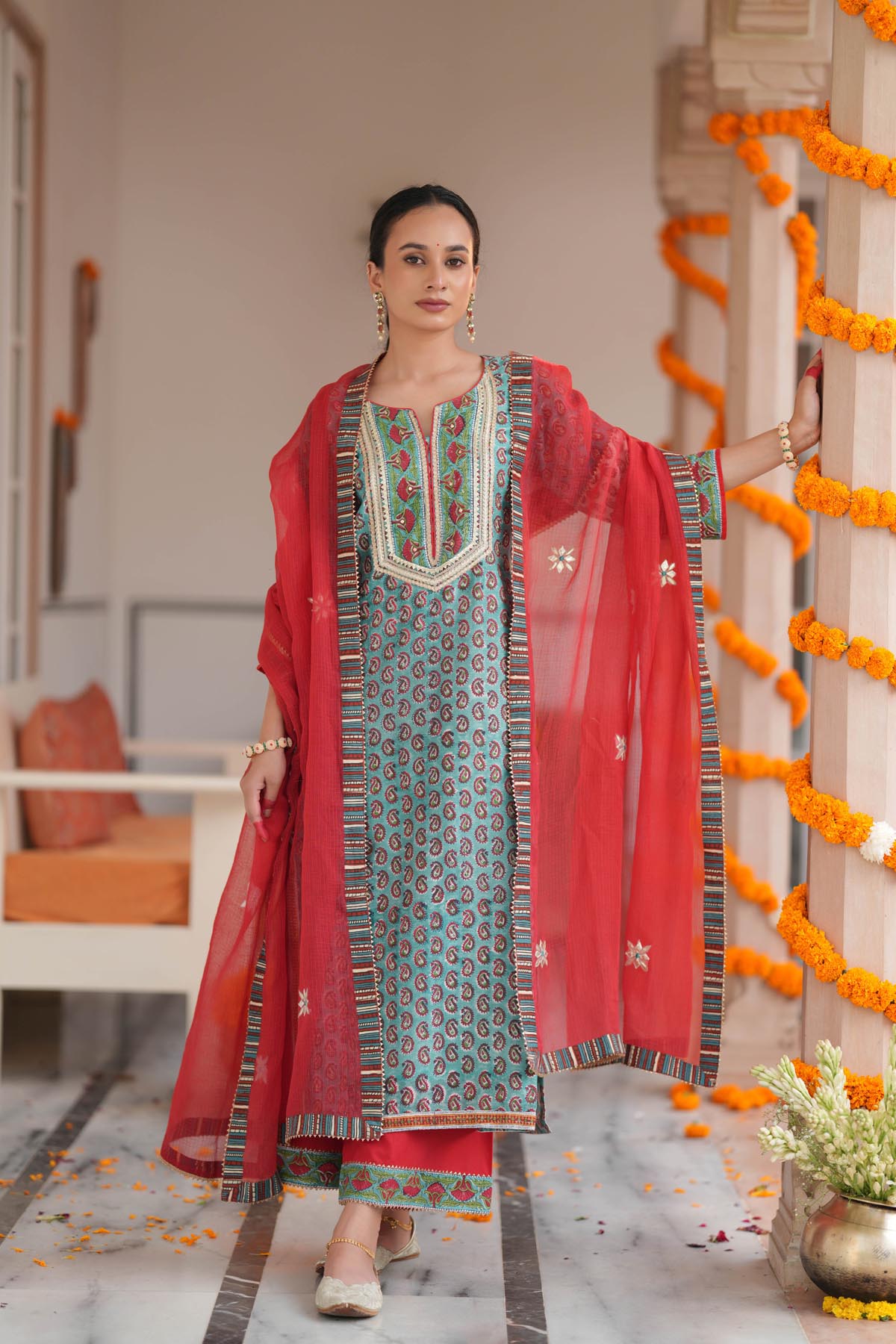 Turquoise HandBlock Printed Chanderi Straight Fit Kurta