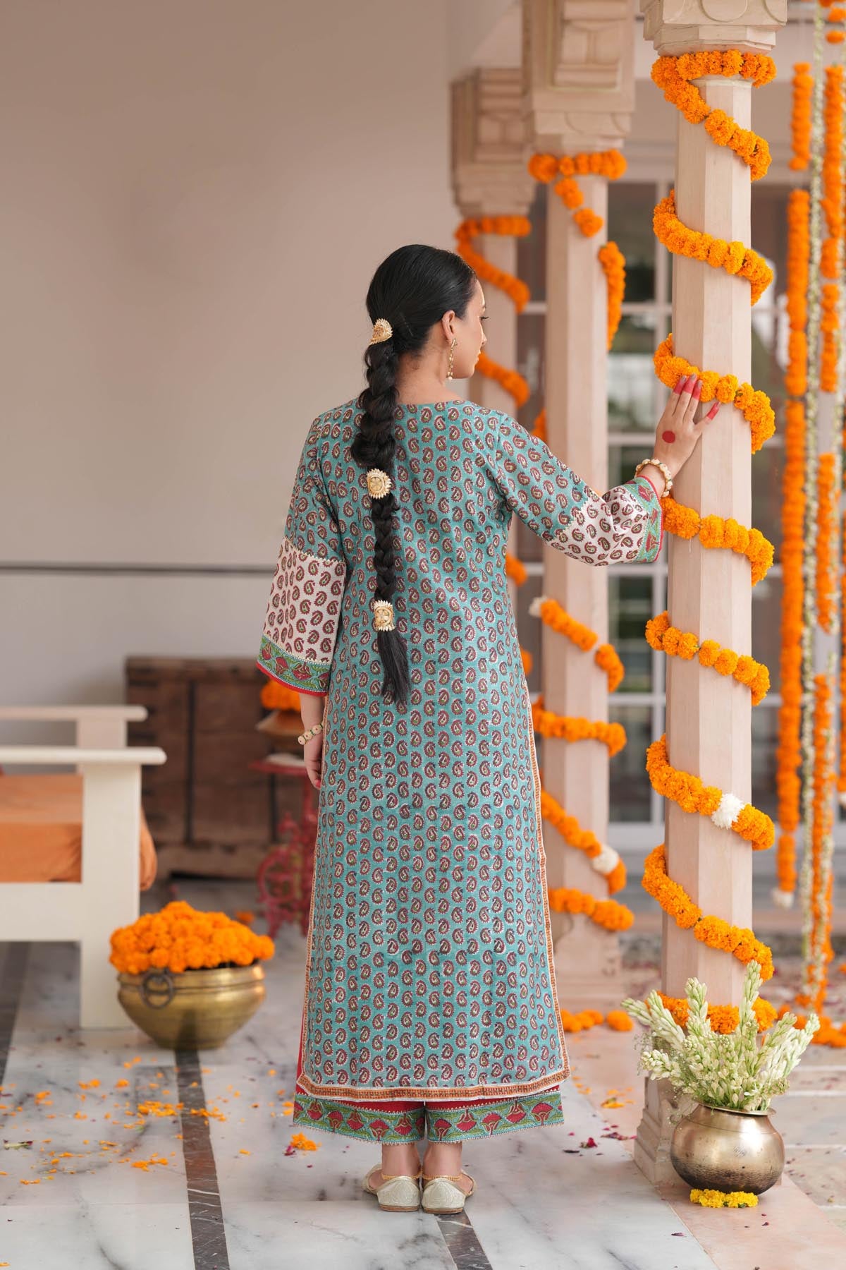 Turquoise HandBlock Printed Chanderi Straight Fit Kurta