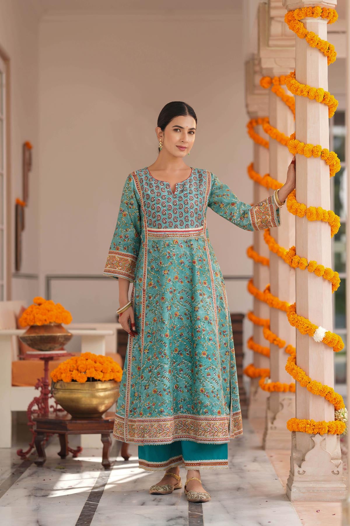 Turquoise HandBlock Printed Chanderi A-line Kurta