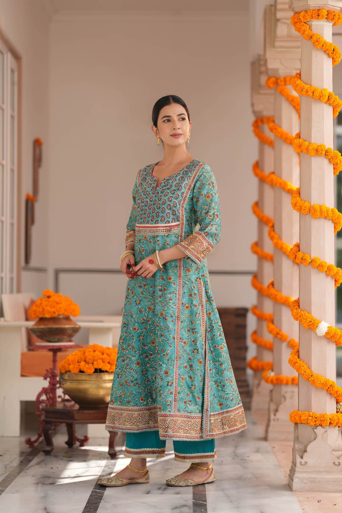 Turquoise HandBlock Printed Chanderi A-line Kurta