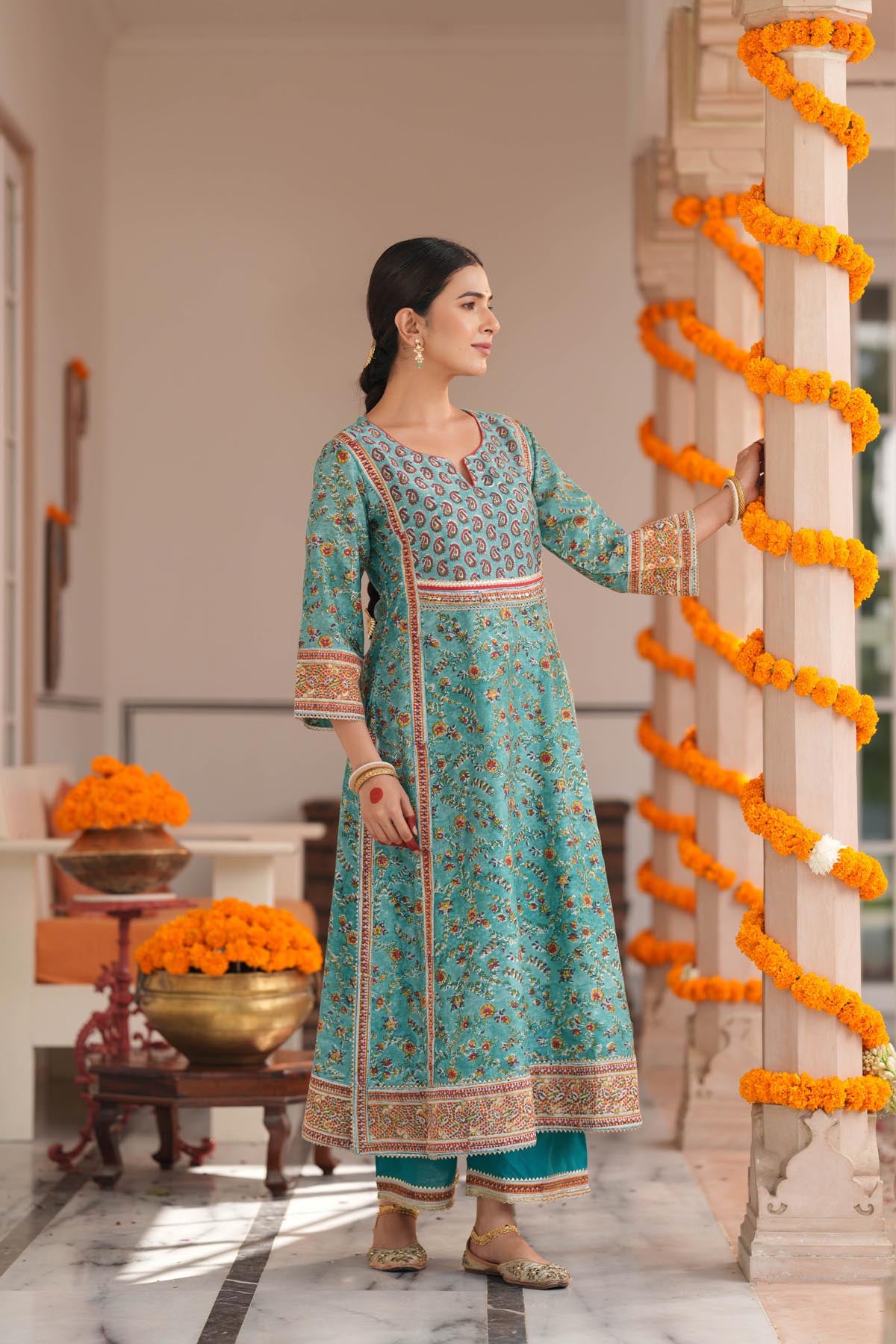 Turquoise HandBlock Printed Chanderi A-line Kurta