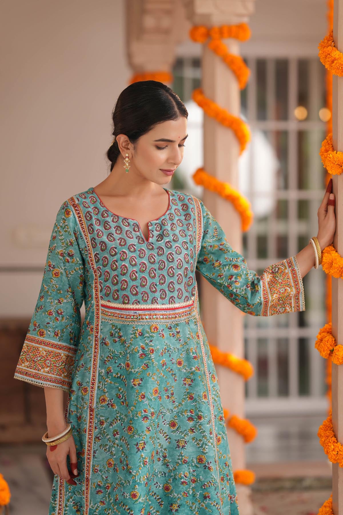Turquoise HandBlock Printed Chanderi A-line Kurta