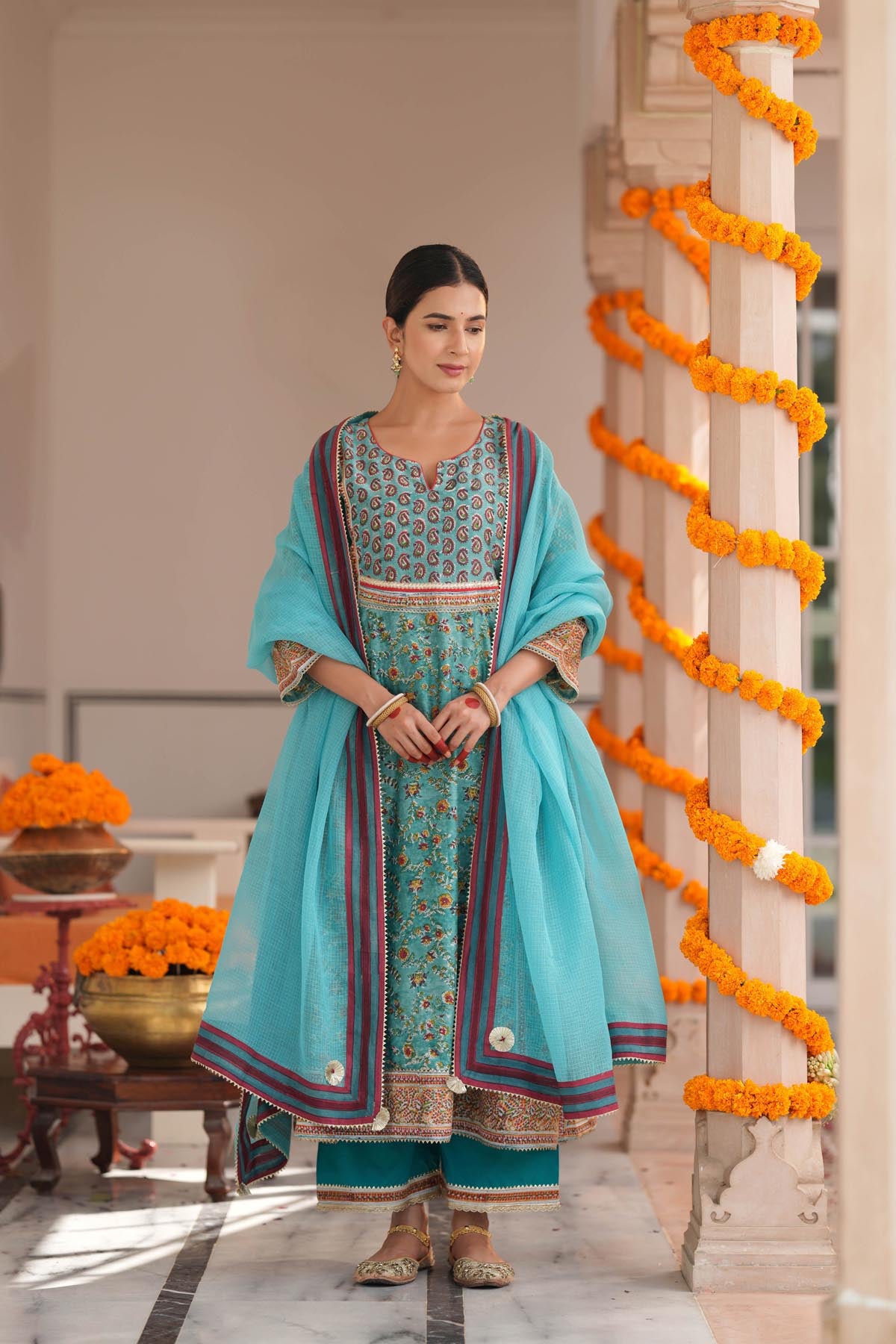 Turquoise HandBlock Printed Chanderi A-line Kurta
