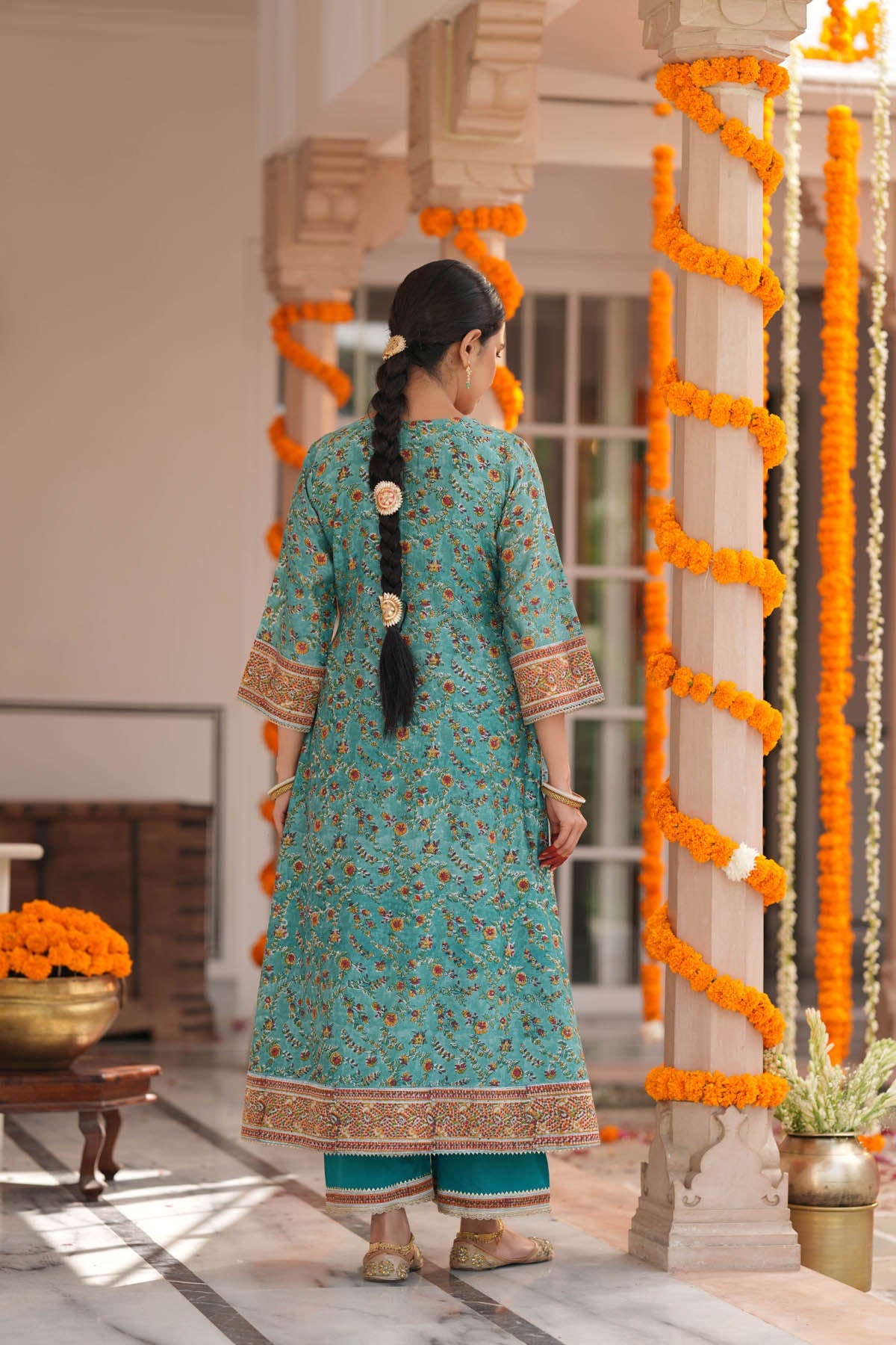 Turquoise HandBlock Printed Chanderi A-line Kurta