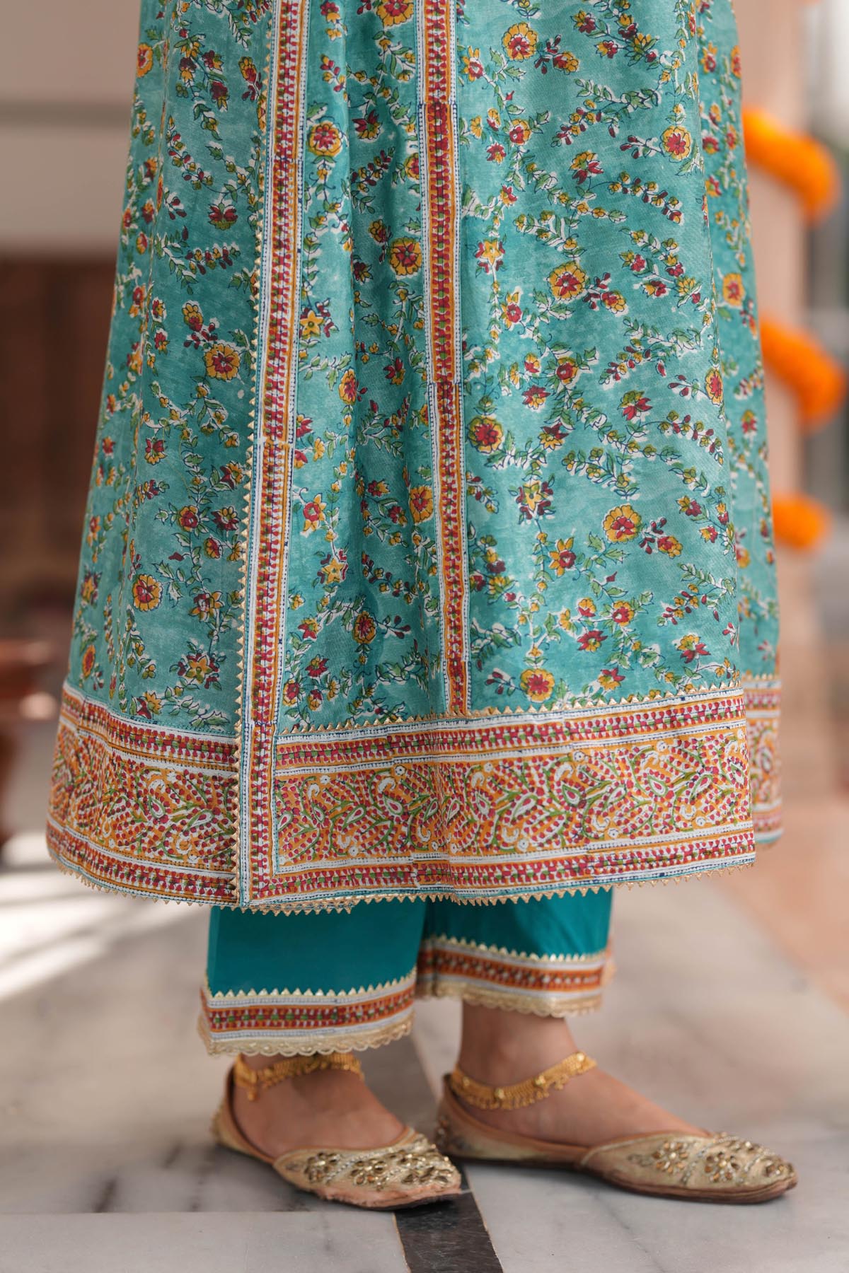 Turquoise HandBlock Printed Chanderi A-line Kurta