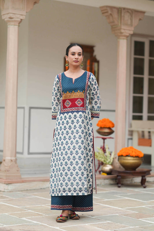 Ivory Printed Chanderi Straight Fit Kurta